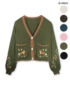 Women's Floral & Fox Embroidery Contrast Binding Cardigan, Fashion Scallop Trim Long Sleeve Pocket Knitwear, Women's Knit Clothing for Daily Wear, Outfits To Hide Tummy Uk, Y2k Outfits Streetwear, Clubbing Tops in The Fashion