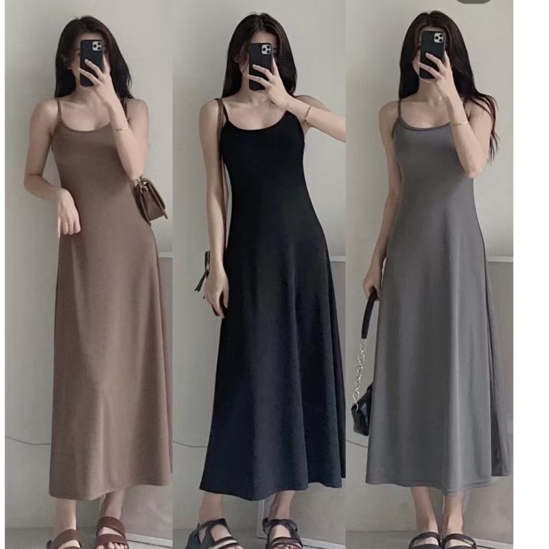 X04 Đầm váy nữ 2 dây ôm body dáng dài xòe chất gân tăm co dãn phom dưới 53kg Nhung Voi
