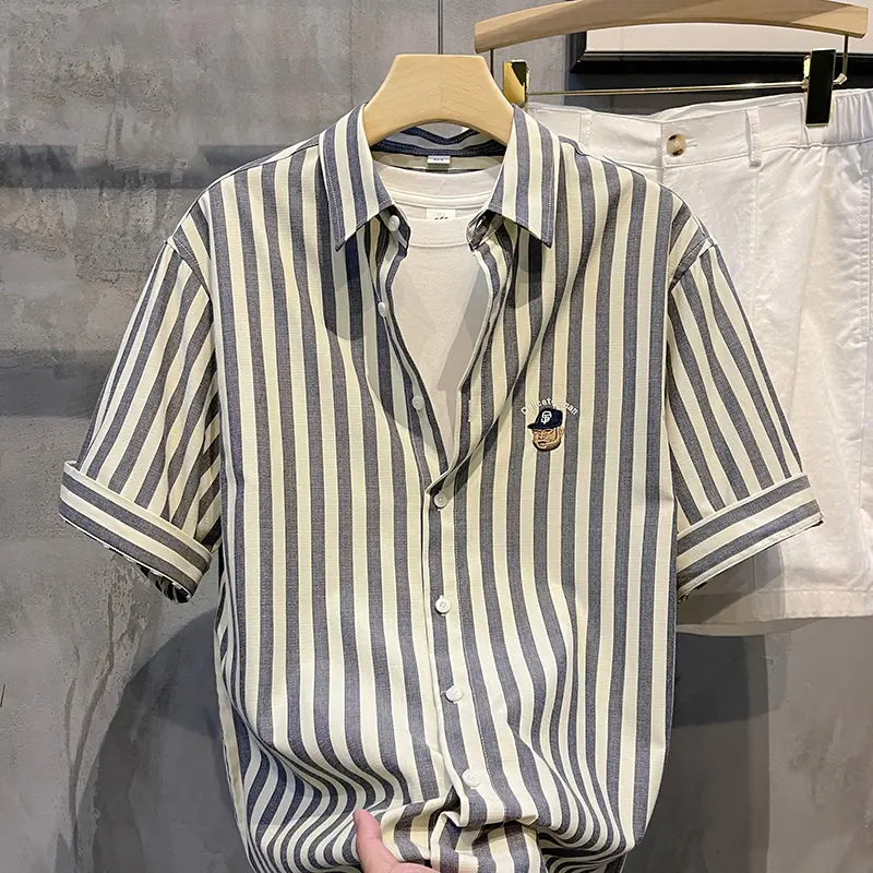 New Fashion Embroidered Shirt Men's Striped Short Sleeve Simple Shirt Top