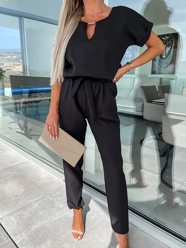 Women's Solid Belted Jumpsuit, Elegant Batwing Sleeve Pocket Jumpsuit for Summer, Fashion Women's Clothes for Daily Wear 4