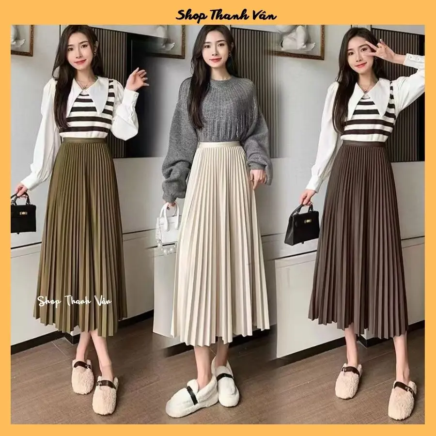Chân váy xếp ly xòe dáng dài, chất vải xếp ly mềm mặc quanh năm, cạp chun dáng dài ~76cm mix đồ dễ thương TV5202 Nữ Women Màu Đen