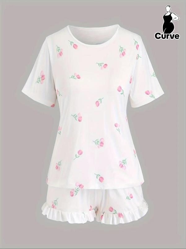 【Plus Size】 Floral Print Short Sleeve Tee & Ruffle Trim Shorts Pyjama Set, Pyjamas for Women, Round Neck T-shirt & Elastic Waist Shorts Pj Set, Women's Sleepwear for Spring & Fall, Women Nightwear, Lounge Set for Women, Pajama Sets Women, Pajamas 0