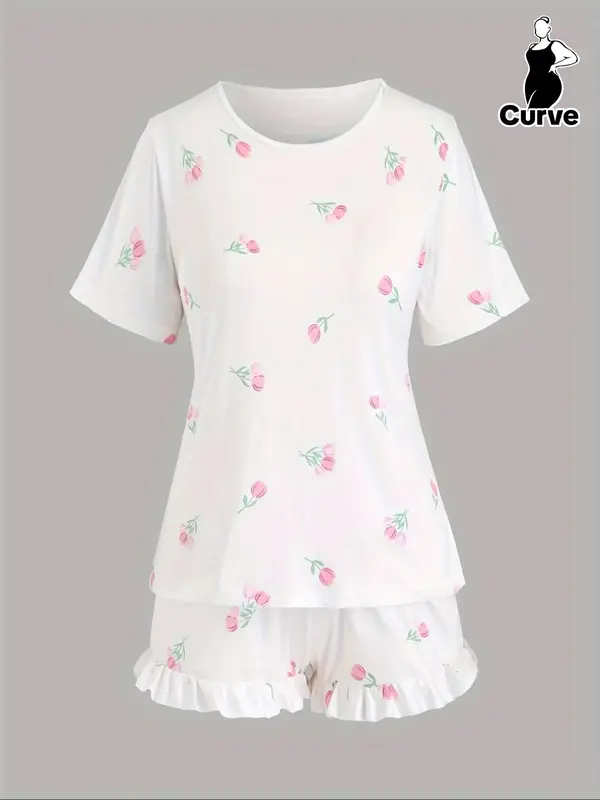 【Plus Size】 Floral Print Short Sleeve Tee & Ruffle Trim Shorts Pyjama Set, Pyjamas for Women, Round Neck T-shirt & Elastic Waist Shorts Pj Set, Women's Sleepwear for Spring & Fall, Women Nightwear, Lounge Set for Women, Pajama Sets Women, Pajamas 0