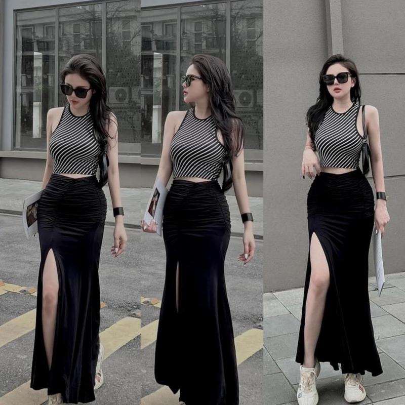 SM - Set áo ba lổ kẻ sọc mix chân váy dáng Đuôi cá dài xẻ đùi sexy - áo thun gân cv thun mịn set bộ set nữ tôn dáng set chân váy set bộ nữ set đi biển set váy
