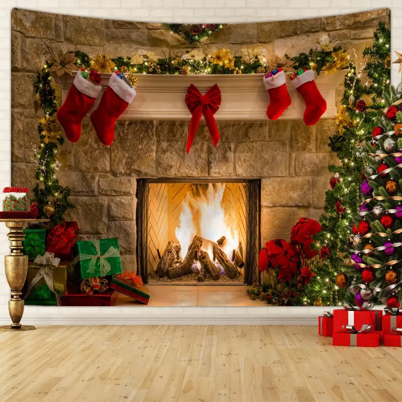 Christmas Fireplace Pattern Tapestry, 1 Count Christmas Themed Photography Background Cloth, Christmas Party Supplies, Home Decor 0