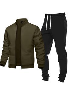 Men's Solid Zip Up Bomber Jacket & Pants Two-piece Set, Regular Fit Casual Long Sleeve Baseball Collar Outerwear & Trousers for Daily Wear, Men's Outfits for Spring & Fall