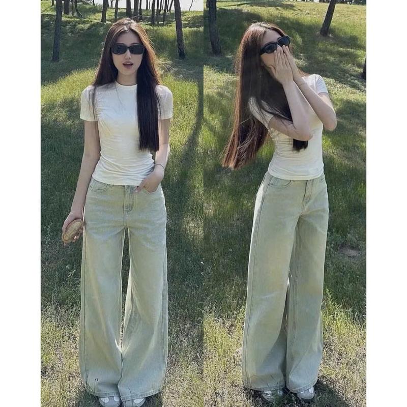 Quần jean bò ánh bạc ống suông rộng nữ 1m47-1m57 quần 94-95cm, 1m57-1m65 quần 98-100cm jeans cạp cao phong cách style