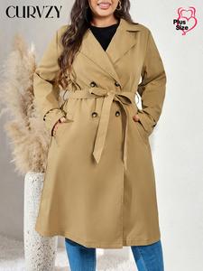 CURVZY Plus Size Solid Double Button Belted Trench Coat, Casual Long Sleeve Lapel Neckline Outerwear for Autumn & Winter, Women's Clothes for Daily Wear