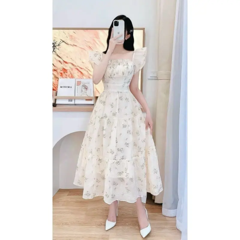 Đầm thời trang nữ kiểu tiểu thư mặc đi chơi chất voan hoa kèm lót đầm xếp ly ngực có mút tay cánh tiên váy xòe maxi