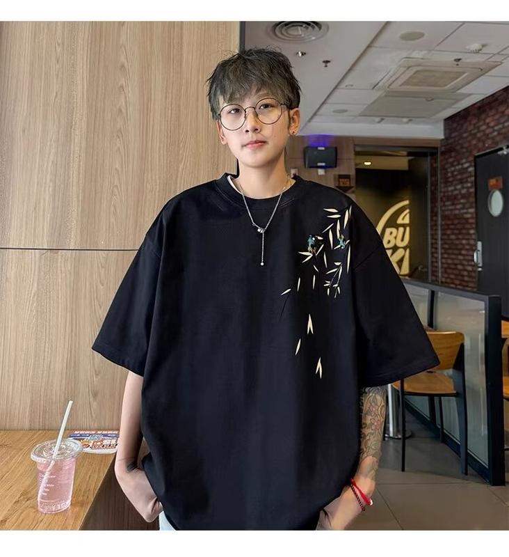 Product Introduction of Popular fashion bamboo print loose T-shirt cotton print short sleeve plus size tee for men 31