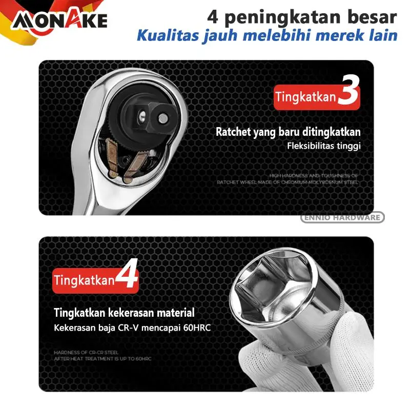 MONAKE Kunci Sok Set 61/82/94 pcs Set (COD) Lengkap Kunci Mata Sok 1/2'' and 1/4'' inch Set Potong Kunci Pas Alat Set Cincin 24 gigi Wrench Rachet alat perkakas lengkap motor Rachet Handle 2