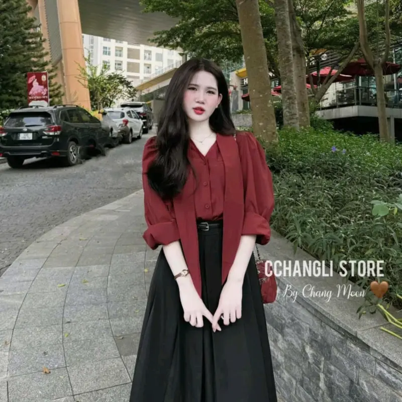 Sét bộ váy 3 món Nữ chất cotton lạnh dáng dài xòe maxi thiết kế áo sơ mi dài tay cột nơ cổ kèm đai lưng tiểu thư xinh đẹp mặc đi chơi hẹn hò ăn uống Văn phòng thanh lịch  Women Dress 4
