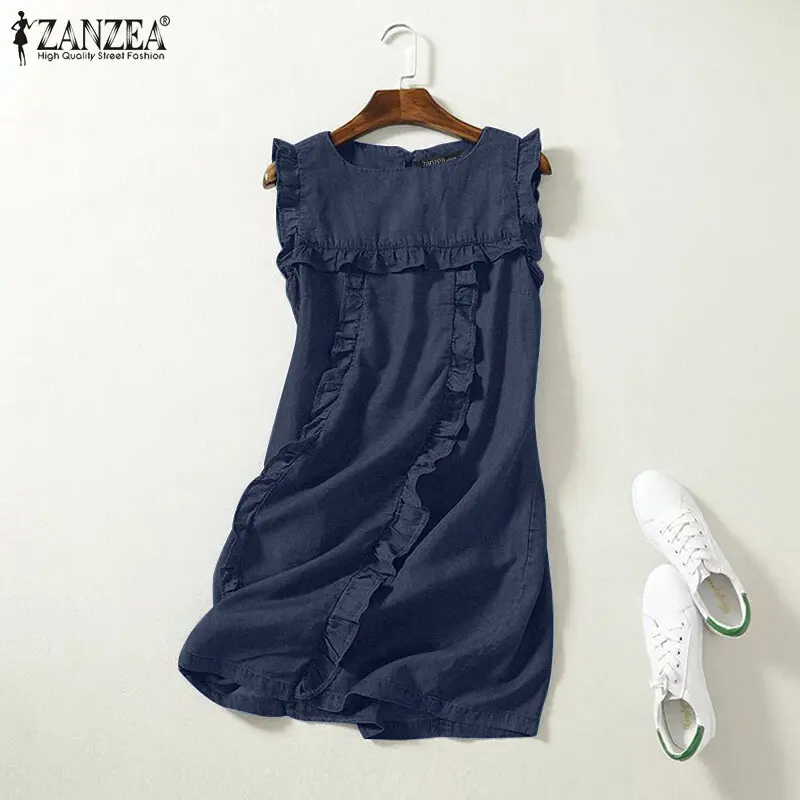 Váy Denim ZANZEA, Phong Cách Hàn Quốc, Dành Cho Nữ, Thường Ngày, Không Tay, Cổ Vuông, Xếp Nhún, Kiểu Váy Xòe Mini, Ghép Nối, Thích Hợp Cho Mùa Hè 4