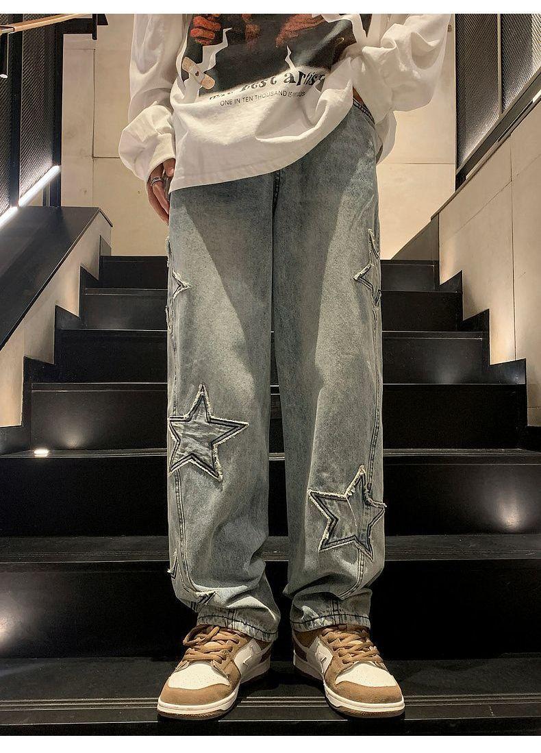 Product Introduction of Pants Men's Ins Fashionable Loose Wide-Leg American Vibe High Street Jeans Men's Fashionable Fried Street Ruan Shuai Straight Men's Pants Sneaker 12