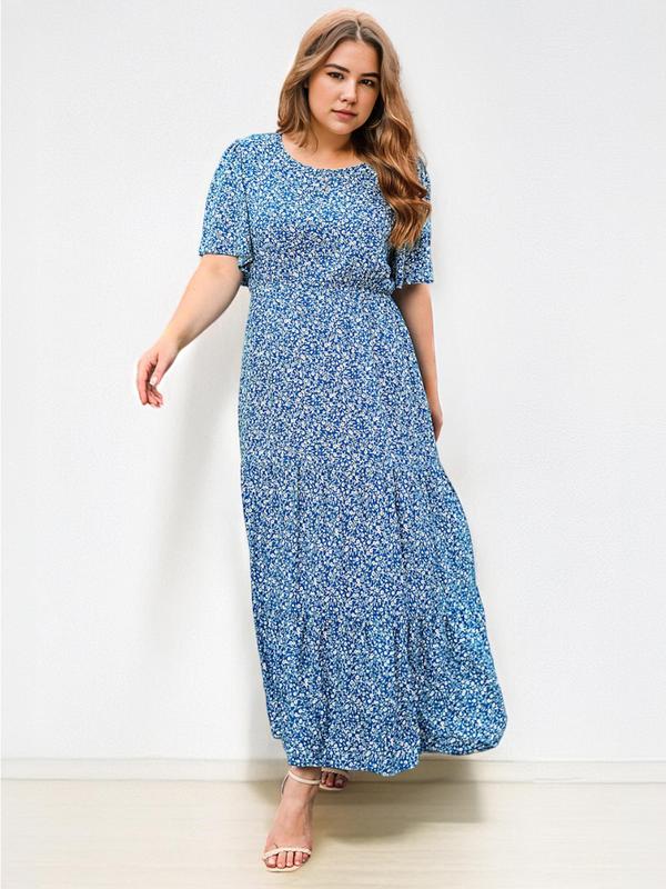 【Plus Size】 Ditsy Floral Print Round Neck Dress, Fashion Casual Short Sleeve Long Dress for Daily Holiday Vacation Wear, Women Plus Clothing for All Seasons 2