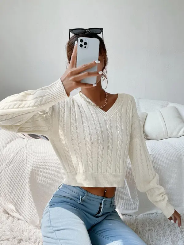 Women's Basic Thin Textured V Neck Cable Knit Sweater, Lady Minimalist Casual Comfort Drop Shoulder Long Sleeve Knitting Jumper, Cozy-chic Women's Pullover Knitwear Top for Womenswear Fall & Winter,  Jumpers for Women 3