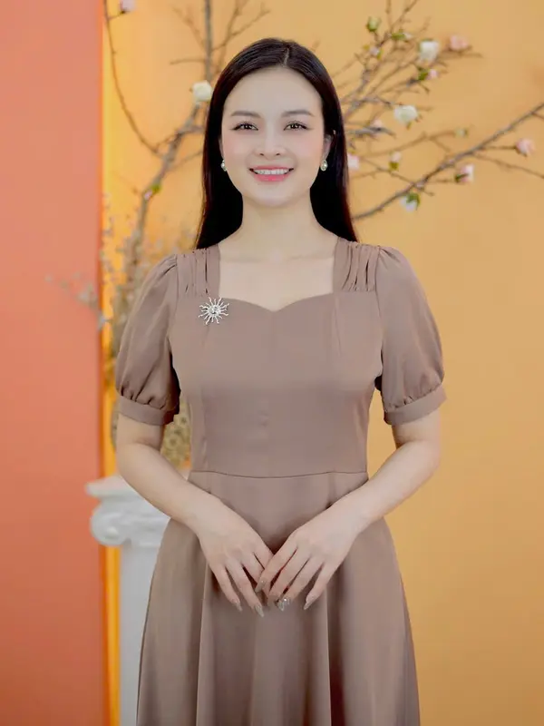 Sale giữa tháng mua sắm đầm đẹp săn đầm liền tay Đầm trung niên TTV1773 Vải  Lụa Nhung Thoáng mát Dáng xòe Cổ vuông tim Tay ngắn Màu đỏ rượu và màu nâu cafe  Quý phái sang trọng Nữ Women Dress Váy 6