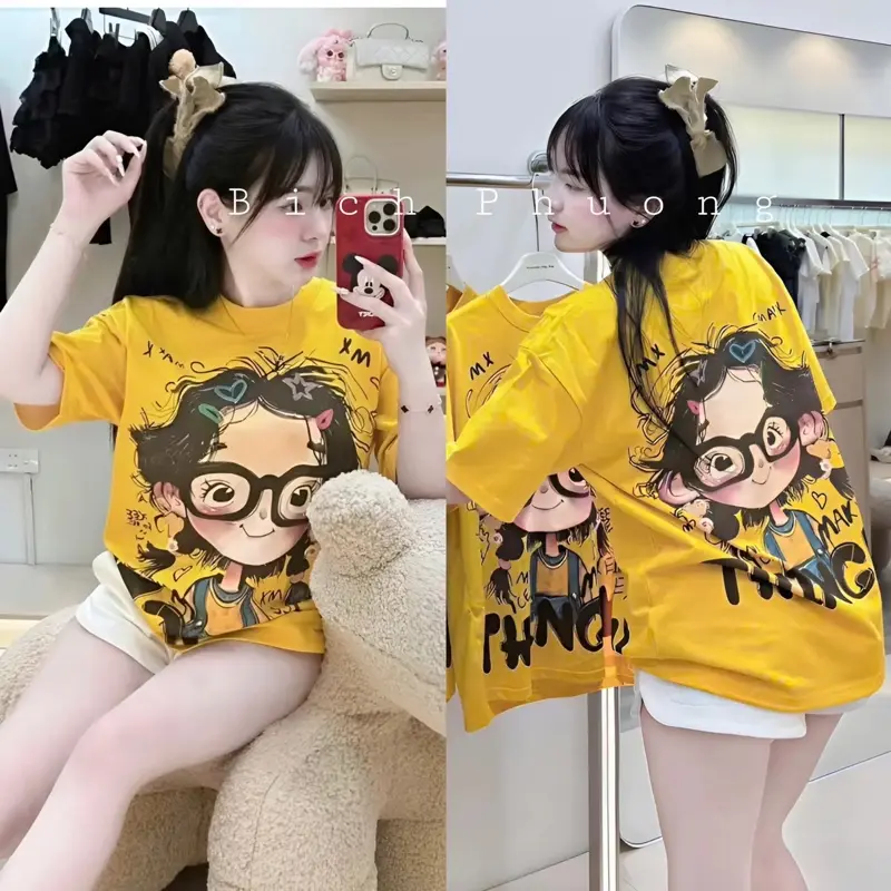 Áo Phông coton4c mịn mát- hình cô gái + Hình mèo Kit.ty ( Free size 40-70kg).