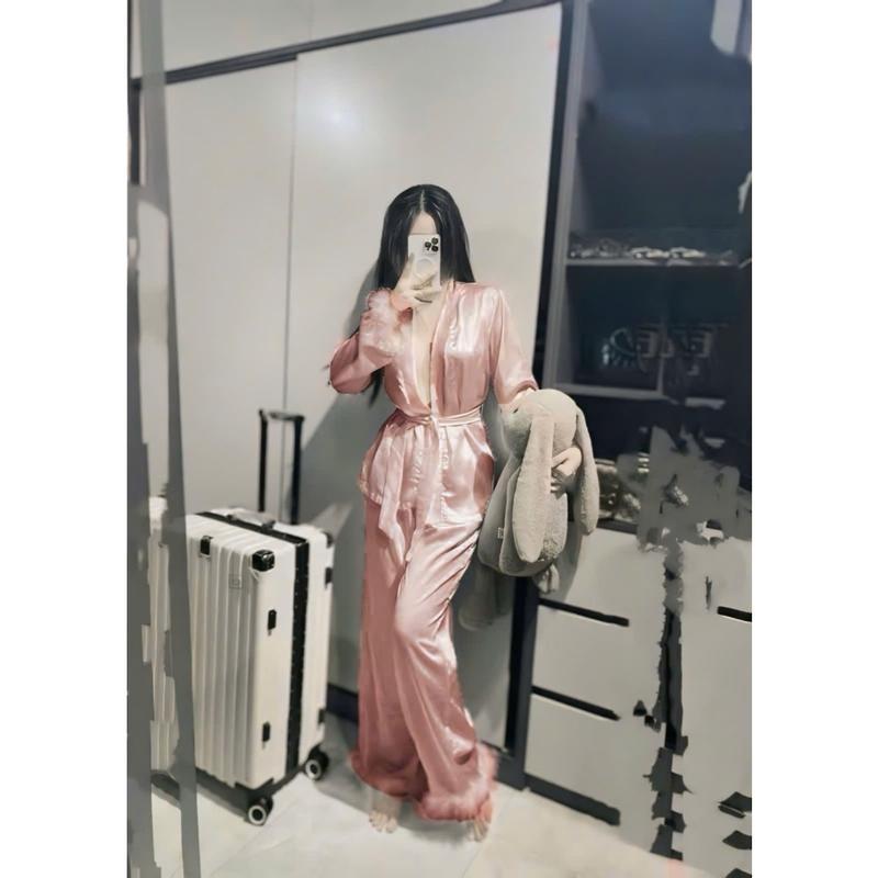 Đồ bộ mặc Pijama nữ nhà Osexy đính lông kiểu dáng kimono kèm dây cột tiện dụng hợp thời trang 2
