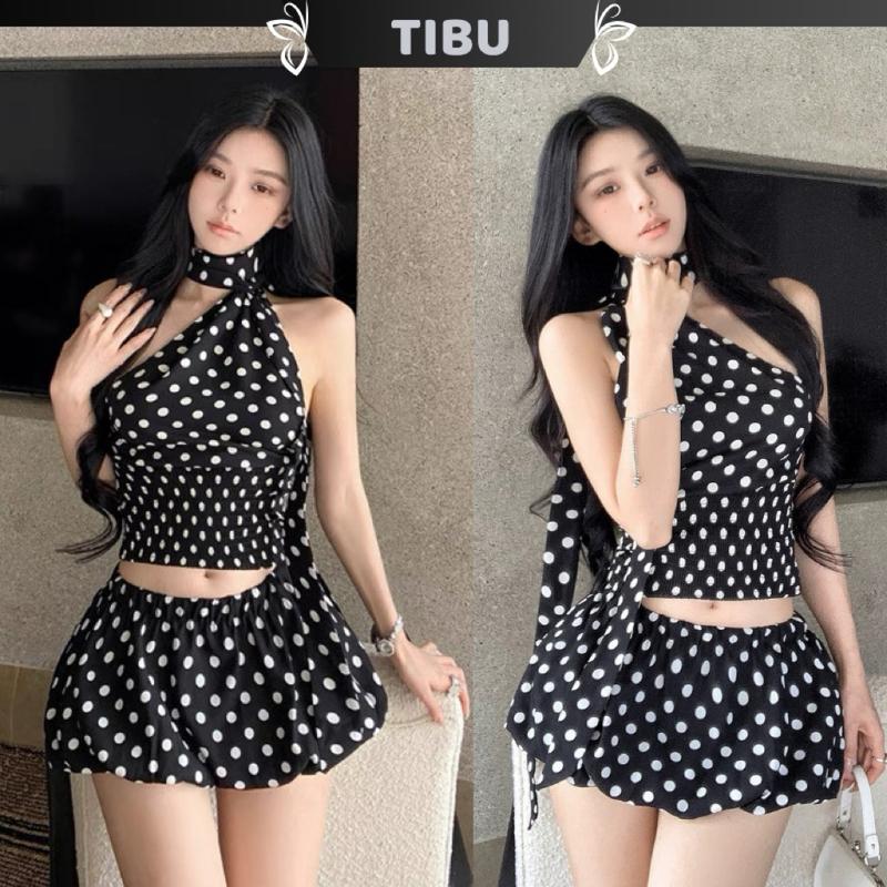 Set Áo Chấm Bi Lệch Vai Dây Choàng Phối Chân Váy Bí TIBU Set Đồ Nữ Dễ Thương Đi Chơi Dạo Phố Sang Chảnh B558