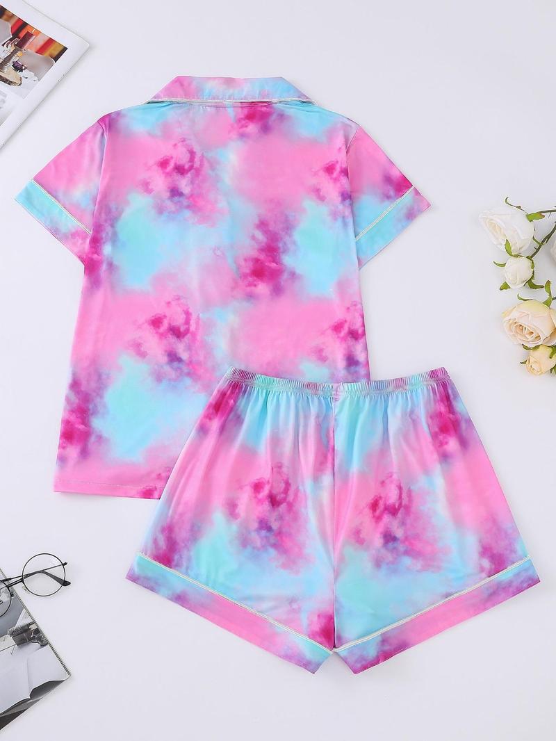 Product Introduction of Women's Tie Dye Print Lapel Shirt & Elastic Waist Shorts Pyjama Set, Casual Button Front Short Sleeve Top & Shorts, Pajamas, Ladies Summer Sleepwear 13