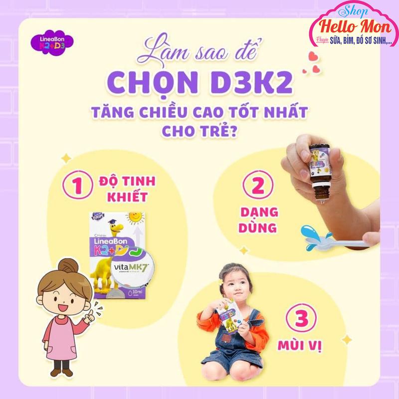 vitamin D3K2 Lineabon tinh khiết hỗ trợ hấp thu canxi dạng nhỏ giọt tiện lợi 10ml Cho Bé Men Vi Sinh 6