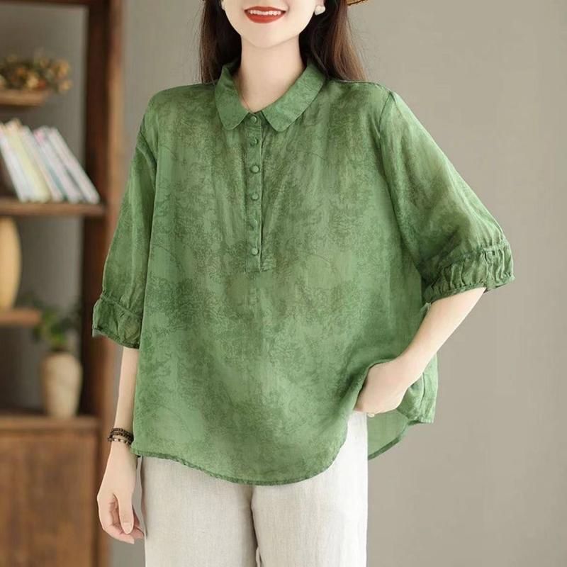 Product Introduction of Áo Sơ Mi Jacquard Lapel, Cao Cấp Nữ Mới, Sành Điệu Và Cổ Điển, Áo Sơ Mi Nữ Tay Lửng Bó Sát Che Phủ, Áo Cánh Mỏng, Phong Cách HK 3