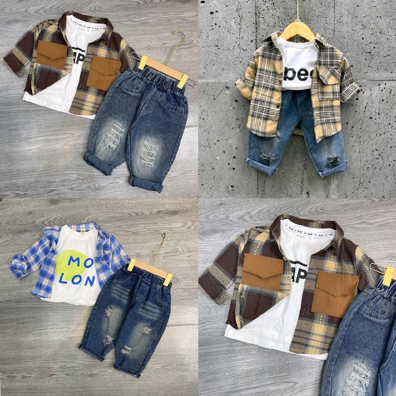 Bộ sơ mi 3 chi tiết gồm 1 áo cộc cotton,1 áo sơ mi thô dài,1 quần jean dài  cho bé có size từ 10-30 kg[ SHOP LUẬN BABY QATE