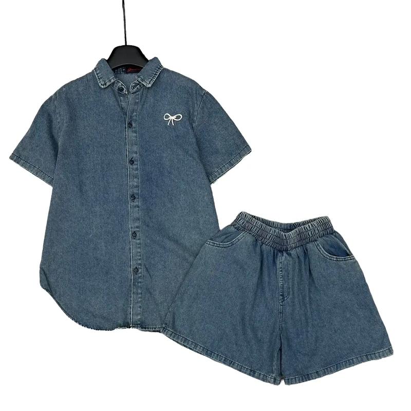 Bộ Sét Jeans Nữ Xưởng May Mỹ Nhung Áo Sơmi Gắn Nơ Đá + Quần Sooc Có Size Từ 40-85kg Women Top Voi Pants