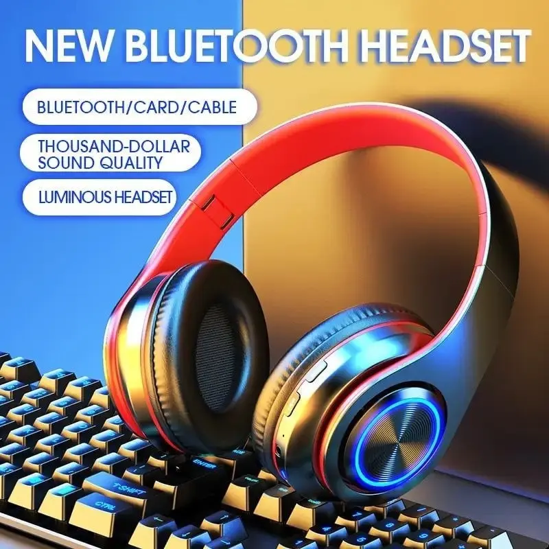B39 Headphone Bluetooth Lampu LED Headphone Nirkabel Bluetooth 5.1 Headphone Stereo HiFi dengan Mikrofon untuk Aksesori Laptop Gaming Wireless Earphone Headset Bass