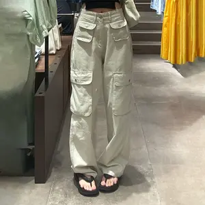 COD LULU Pakaian Wanita Premium Krem  New Highwaist Cargo Celana Jeans