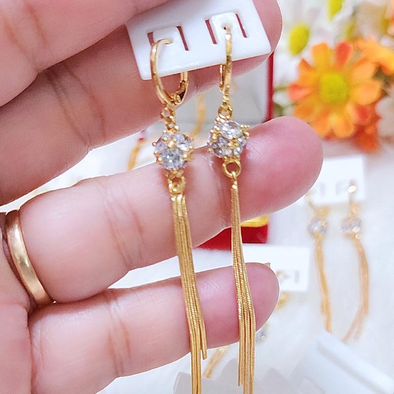 Bông tai 3 tua chùm hột bằng đồng đỏ màu vàng miền tây 750