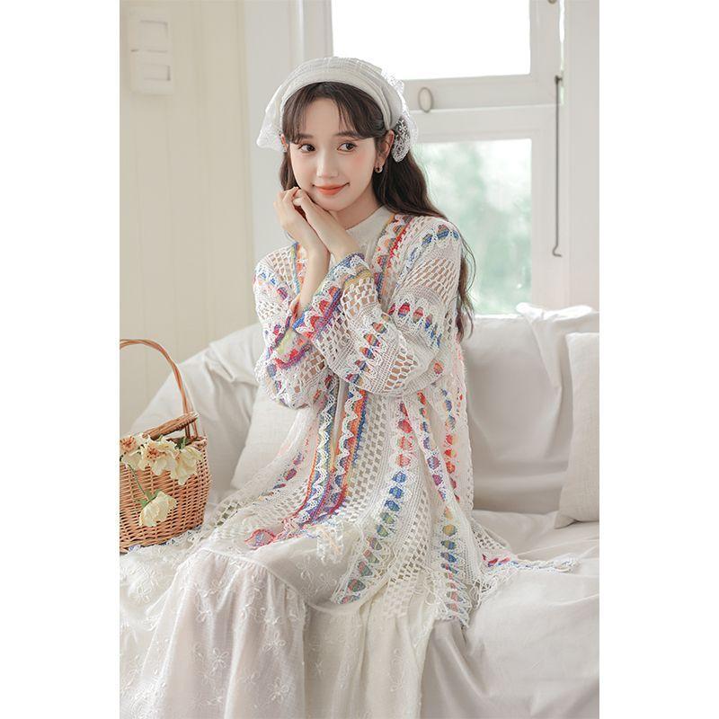 Bộ Quần Áo Phong Cách Dân Tộc, Đặc Trưng Với Khăn Choàng Cắt Xẻ, Có Thể Mặc Ngoài Trời, Dệt Kim Và Móc, Dáng Rộng Vừa Vặn, Tay Áo 3 / 4, Mỏng Và Thoáng Khí, Thích Hợp Cho Mùa Hè, Dễ Phối Đồ, Chống Nắng Quàng Cổ Voi Voan Women Nữ 4