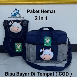 Satu Paket ( 2 in 1) Tas Bayi Besar Fadli Boneka Sapi Dan Gendongan Bayi Depan Ransel Boneka Sapi