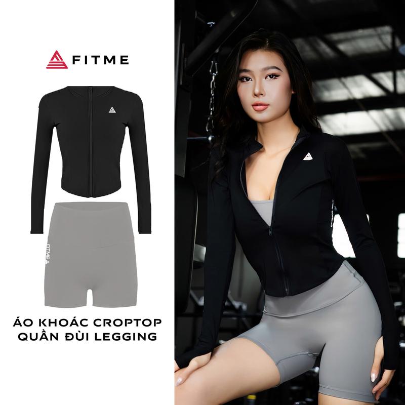 Bộ đồ tập gym yoga Fitme áo khoác croptop fullzip Đen, quần legging đùi  Dark Grey co giãn 4 chiều thấm hút tốt