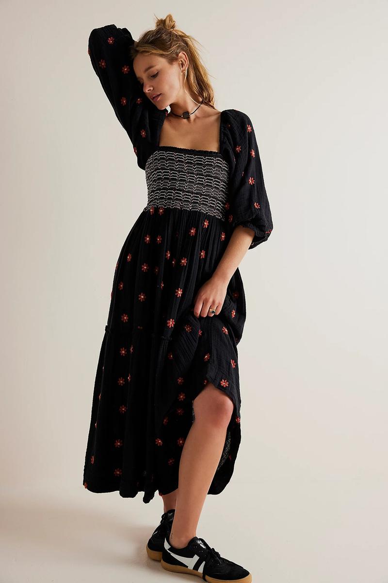 Product Introduction of Women's Floral Embroidery Frill Trim Shirred Flounce Sleeve Dress, Boho Fashion Long Sleeve Square Neck A Line Dress for Daily Holiday Vacation Wear, Ladies Dress for All Seasons, Dresses for Women, Spring Dress Casual Womenswear jaded london  dress 1