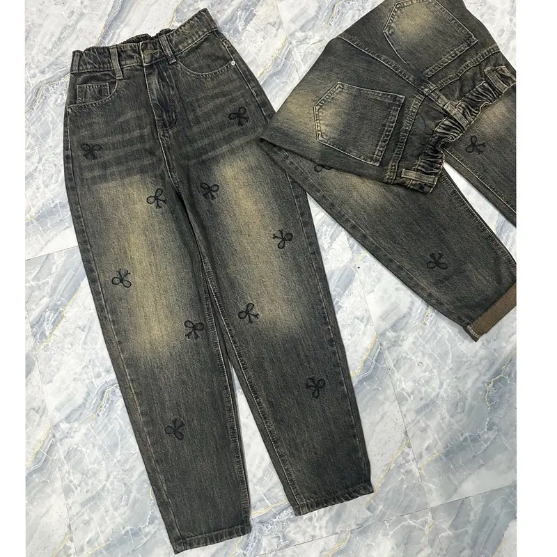 [003] Quần Jeans Baggy QC Lưng Chun Thêu Nơ Trơn Không Co Giãn 6