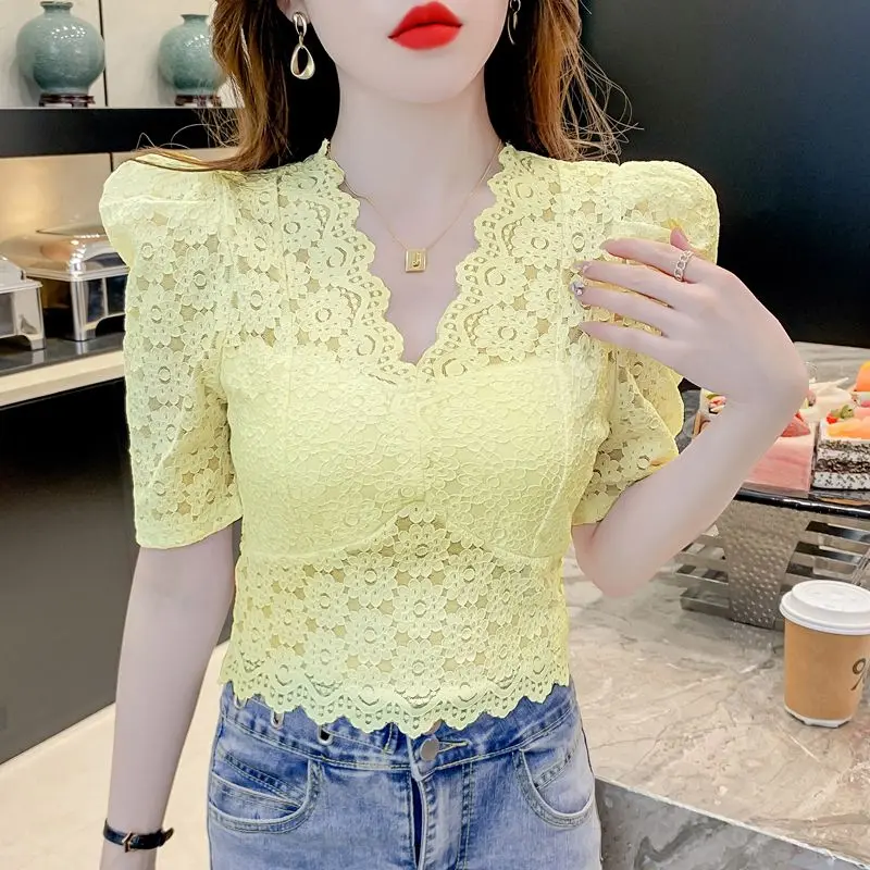 Áo Ren, Thời Trang Sành Điệu, Hợp Xu hướng, Độc Đáo, Dễ Thương Và Gợi Cảm, Cổ Chữ V Thanh Lịch, Ngắn Tay, Hàng Mới Về Nữ Top Women Shirt sơ mi đỏ đô