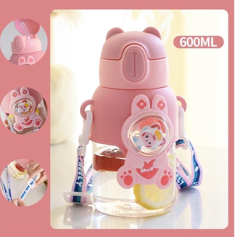 Bình nước ống hút trẻ em 600ml, bình cho bé hình tai thỏ dễ thương - Ống mềm Silicone Phim hoạt hình Em bé Kem Tập Uống