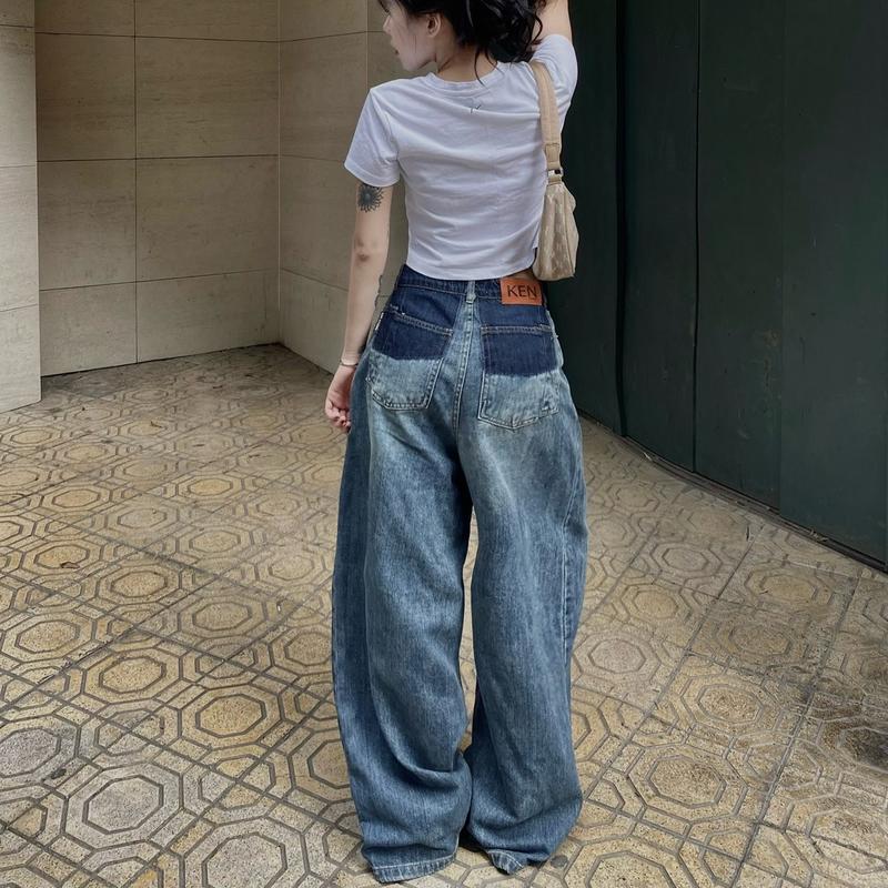 Quần Jeans Nữ Xuông Ống Rộng Thụng Túi Sau Lệch Wash Màu [Q006] Women Pants Ong Voi 4