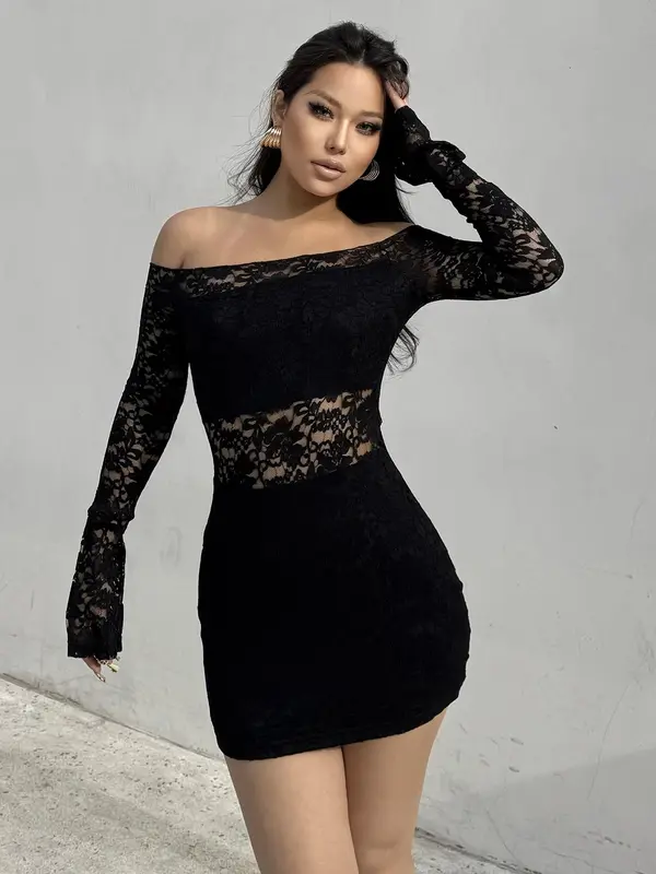 Women's Off The Shoulder Sheer Floral Lace Dress, Elegant Fashion Long Sleeve Short Dress for Party Club Dating Wear, Women Dress for Spring & Fall 0