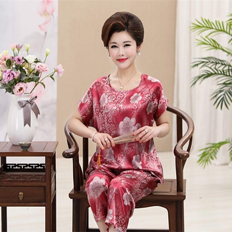 Đồ Ngủ Cho Mẹ TRUNG NIÊN, Đồ Mặc Nhà Mùa Hè, Chất Liệu Lụa Nhân Tạo, ngắn Tay, Dáng Rộng Vừa Vặn, Ngoại Cỡ, Thích Hợp Cho Phụ Nữ Trung Người Già Và Cao Tuổi, Làm Bằng Lụa Lạnh 9