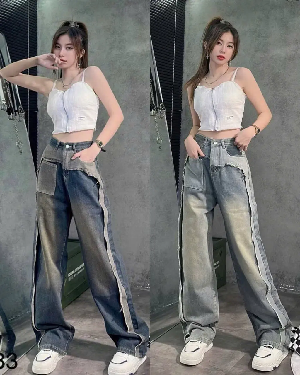 (ẢNH THẬT) QUẦN JEANS NỮ ỐNG RỘNG CẠP CAO TÚI KIỂU 1 BÊN PHỐI LAI VIỀN VIỀN TUA RUA THỜI TRANG PHONG CÁCH Pants Women Denim