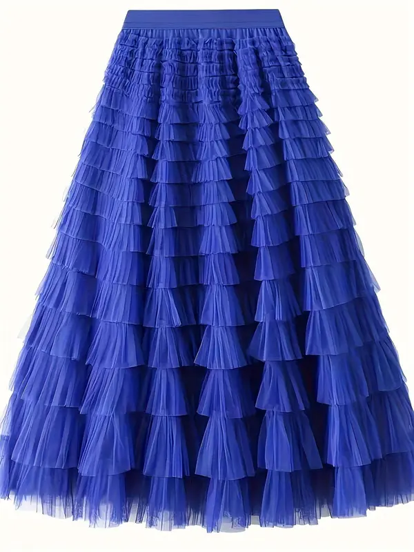 Women's Plain Ruffle Hem Tiered Layer Skirt, Elegant High Waist Long Skirt for Vacation Holiday Party, Ladies Bottoms for All Seasons,  Skirt 7