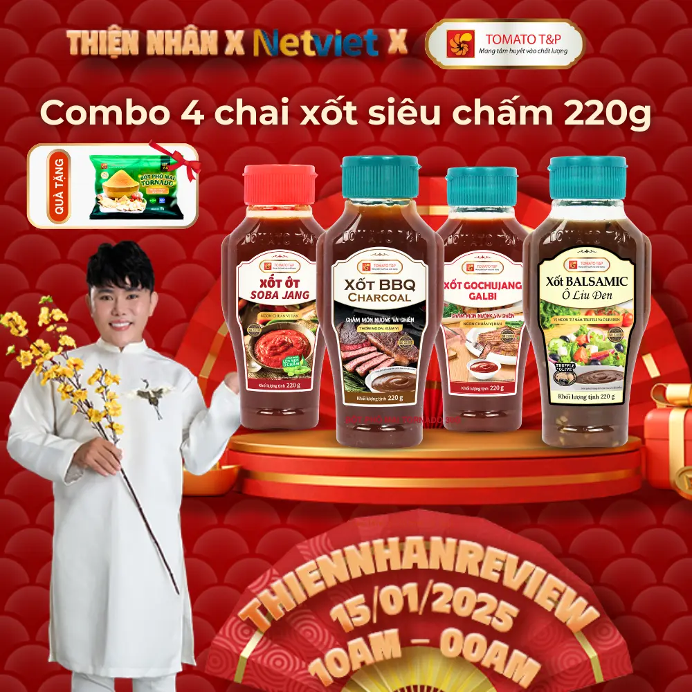 Combo 4 chai xốt chấm BBQ Charcoal, Balsamic Ô Liu Đen, Gochujang Galbi, Tương ớt SobaJang - Tomato T&P - Combo Nước Sốt Gia Vị Dùng Cho Các Món Nướng, Lẩu, Hải Sản.