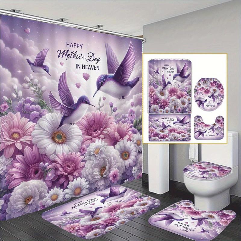 Product Introduction of Flower Pattern Bathroom Decorations, 4 Counts/set Including Shower Curtain & Toilet Lid Cover & Mat & U-shaped Mat, Bathroom Decor Supplies 0