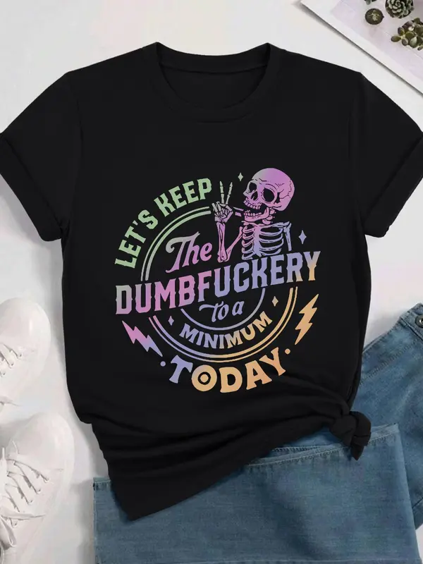 Women's Letter & Skeleton Print Round Neck Graphic Tee, Vintage Trendy Casual Short Sleeve T-shirt for Daily Wear, Ladies Summer Outfit 1