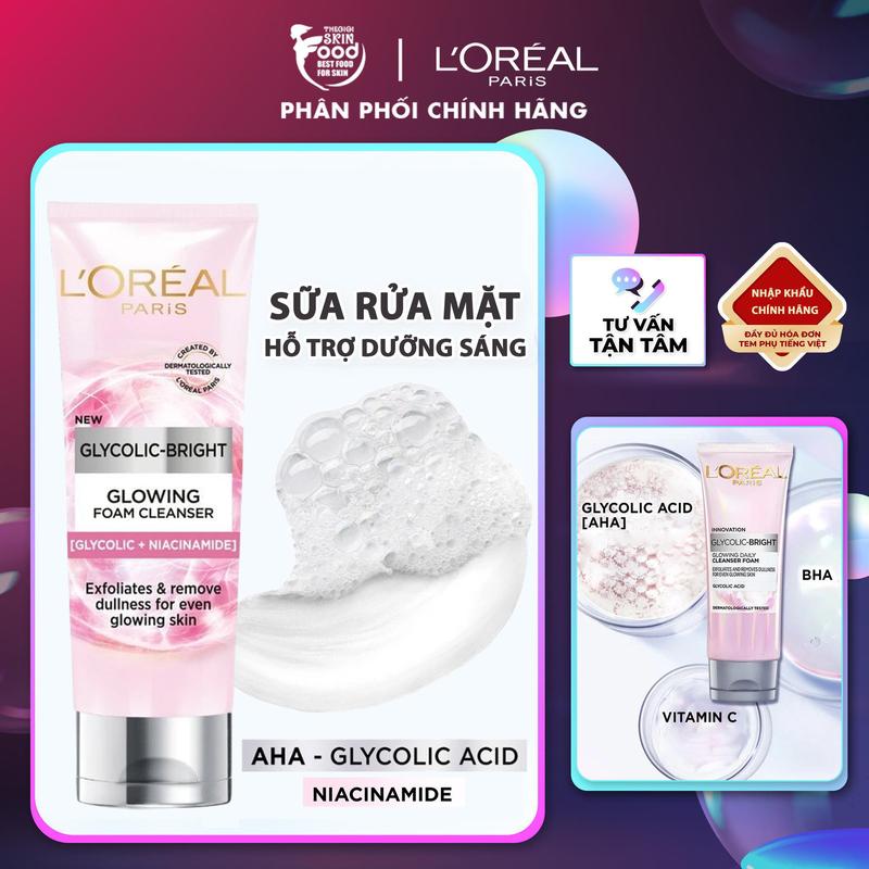  Sữa Rửa Mặt Hỗ Trợ Dưỡng Sáng Da L'oreal Glycolic-Bright Glowing Daily Cleanser Foam 100ml 