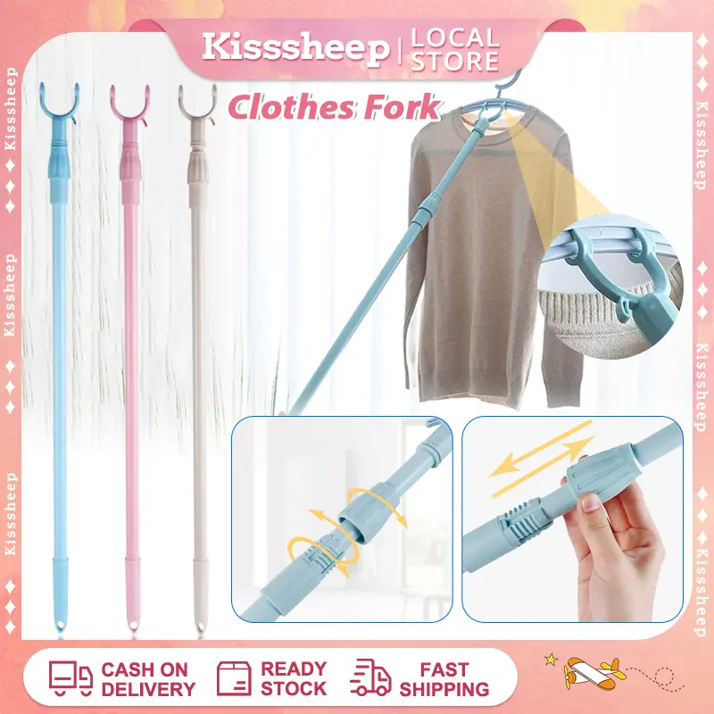 Clothes Reach Pole with Hook Clothes Fork Adjustable Retractable Clothes Drying Fork Balcony Clothes Drying Pole Portable Clothes Pole Thickening and Lengthening Clothes Fork Solid Color Plastic Pick Pole Accessory Laundry