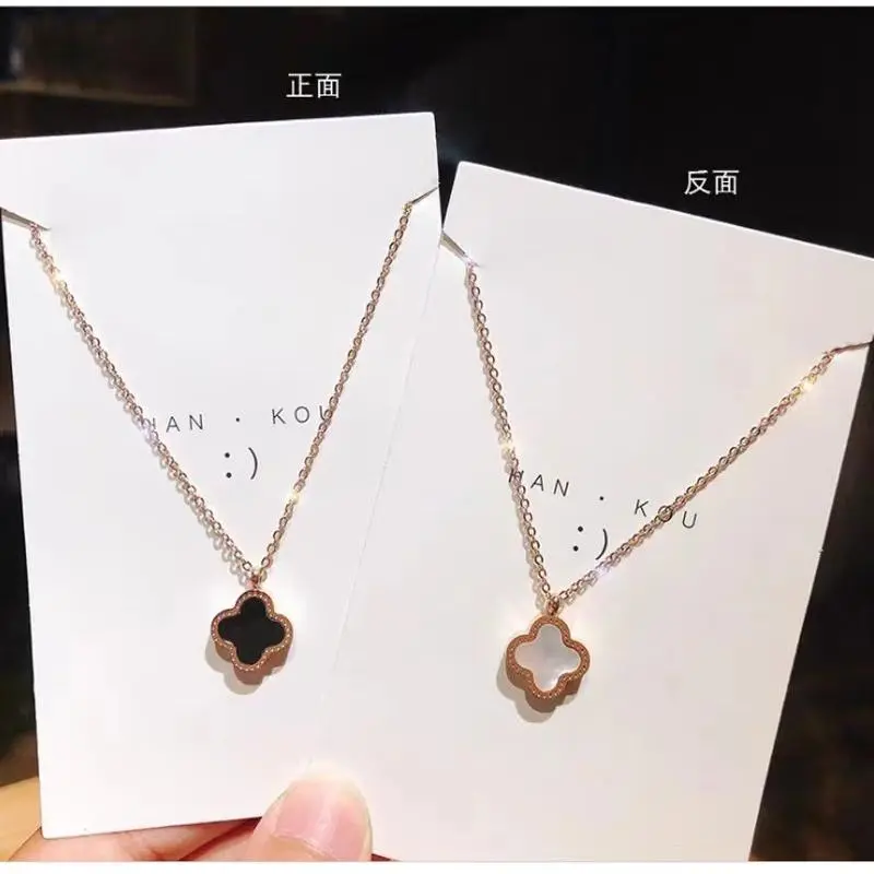 Vòng Cổ Cỏ Ba Lá Hai Mặt, Phong Cách Hàn Quốc, Đơn Giản, Dành Cho Nữ, Vàng Hồng 18K, Được Làm Bằng Thép Titan Không Phai Màu, Dây Chuyền Xương Đòn Hợp Xu hướng Trang Sức Mũ Jewelry Hat